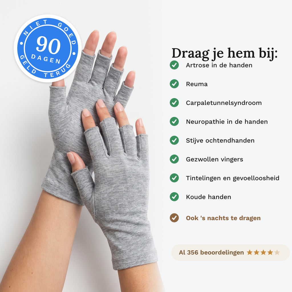 Twee handen in grijze vingerloze compressiehandschoenen met de klachten waarvoor mensen ze dragen en de 90 dagen geld-terug-sticker