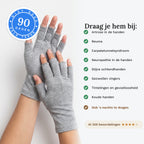 Twee handen in grijze vingerloze compressiehandschoenen met de klachten waarvoor mensen ze dragen en de 90 dagen geld-terug-sticker