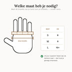Maattabel: meet de breedte van je hand over je knokkels. S is 8 cm, M is 9 cm, L is 10 cm of meer.
