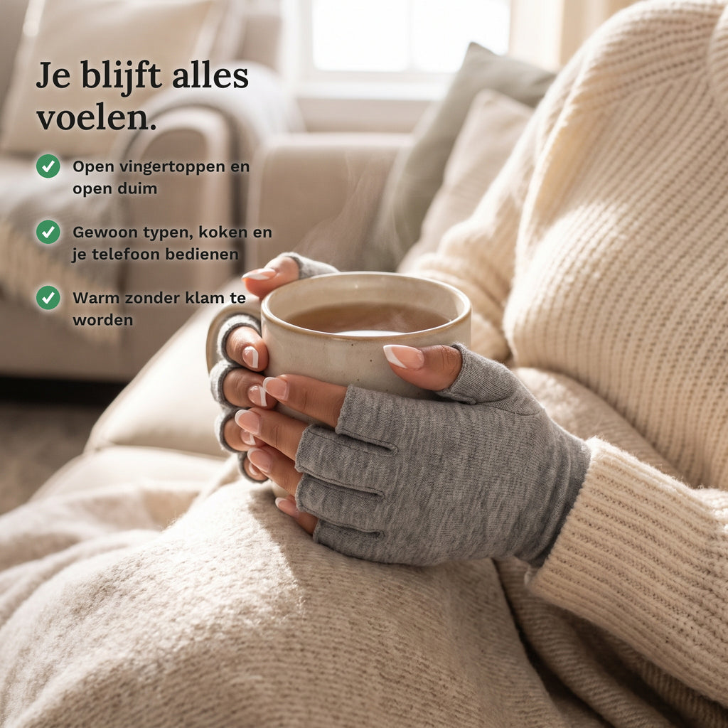 Handen in grijze compressiehandschoenen houden een mok thee vast, vingertoppen vrij