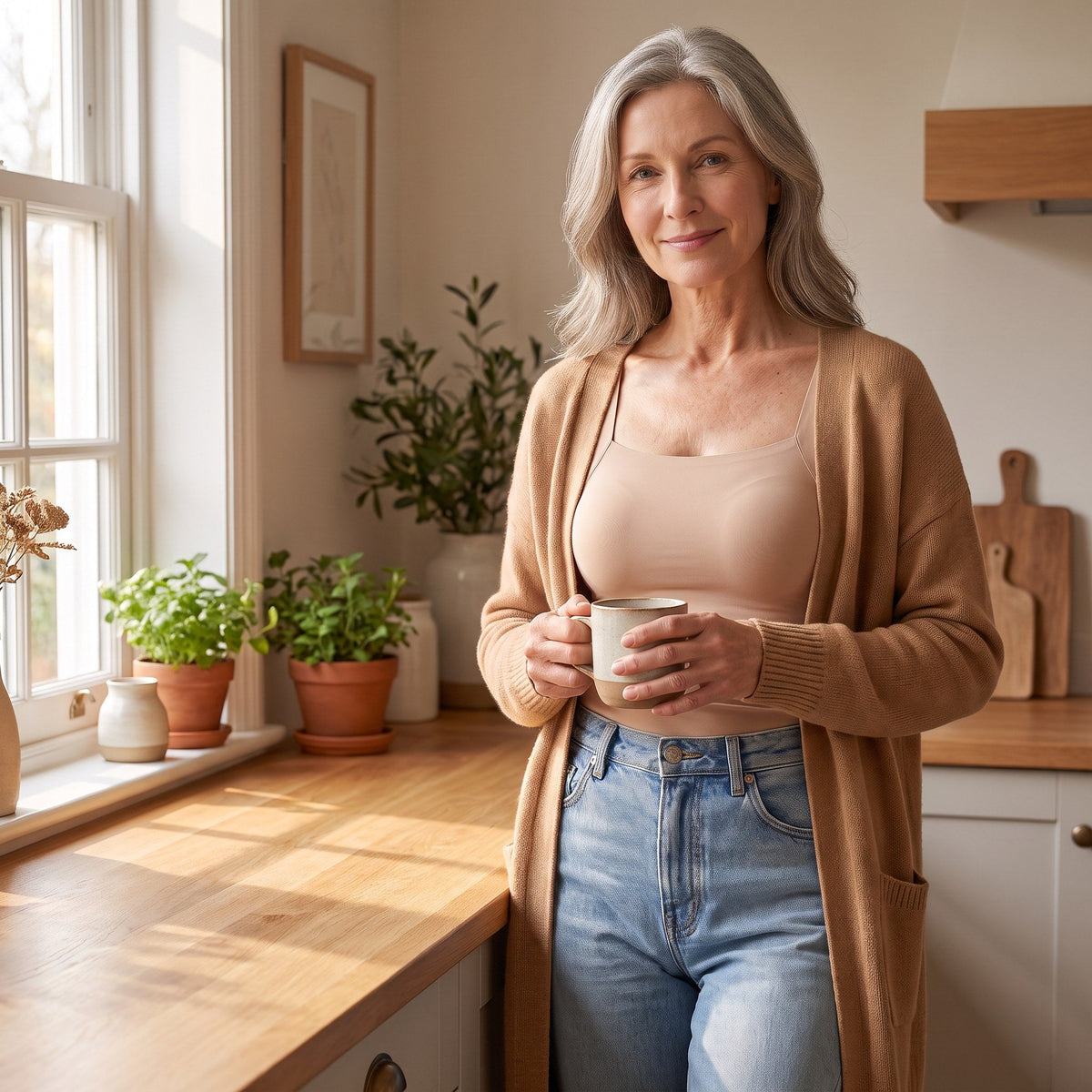 Vrouw in de keuken met koffie, in de beige comfort top onder een open camel vest en een spijkerbroek