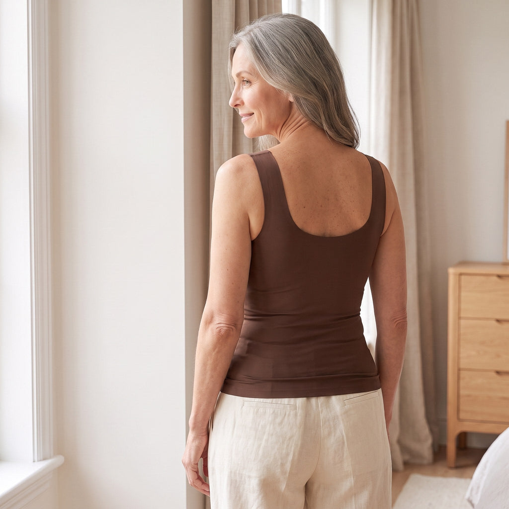 Achterkant van de bruine comfort top: gladde U-rug zonder bh-band of haakjes