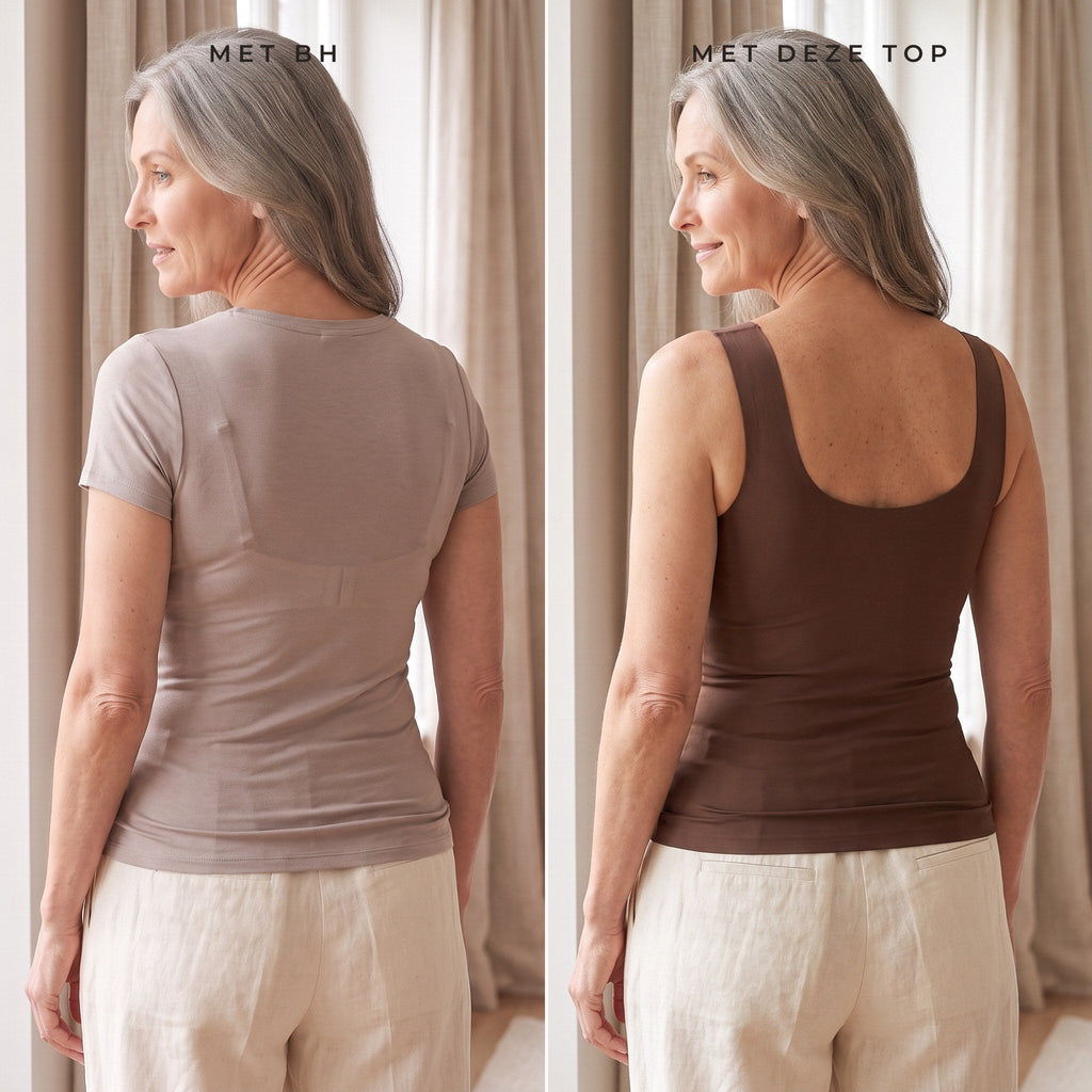 Dezelfde vrouw van achteren: links bh-lijnen door een dun shirt, rechts een gladde rug in de bruine comfort top