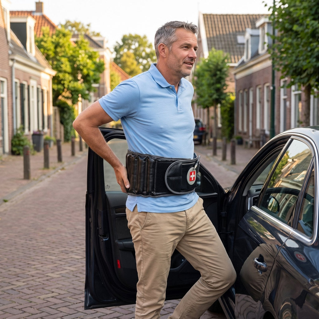 Man van rond de 50 stapt uit zijn auto in een Nederlandse straat met de zwarte decompressiegordel om