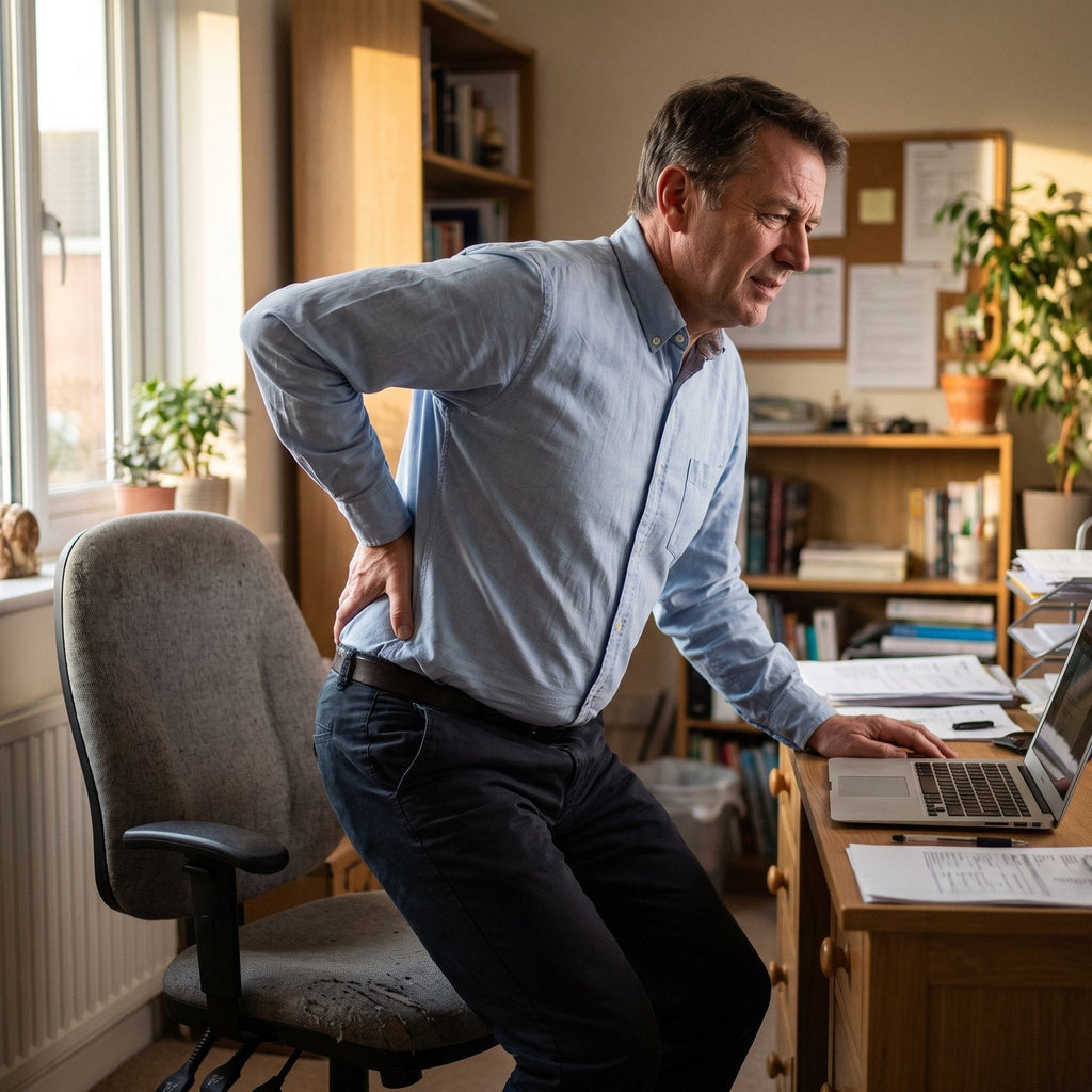 Man van rond de 55 komt aan het eind van de werkdag uit zijn bureaustoel en grijpt naar zijn onderrug