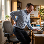 Man van rond de 55 komt aan het eind van de werkdag uit zijn bureaustoel en grijpt naar zijn onderrug