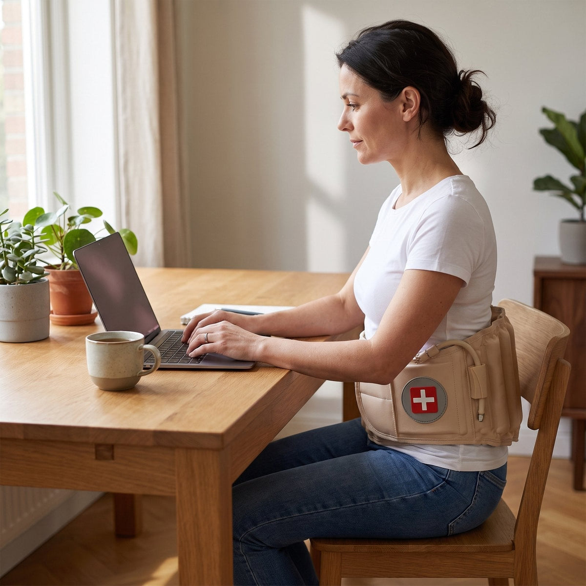 Vrouw van rond de 40 werkt aan haar laptop met de beige decompressiegordel om haar onderrug