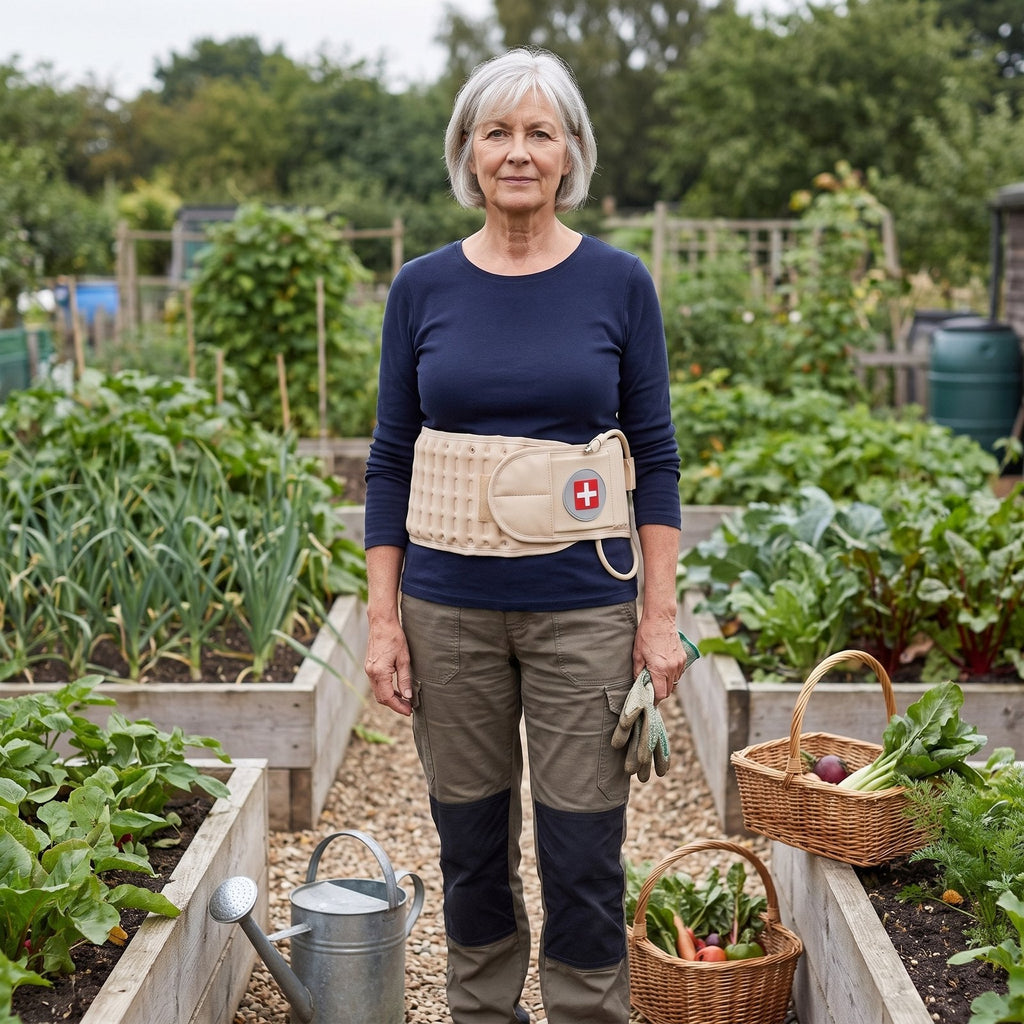 Vrouw van rond de 60 staat in haar moestuin met de beige decompressiegordel om