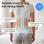 Achteraanzicht met de beige decompressiegordel om, met een doorzichtige weergave van de wervelkolom en het bekken