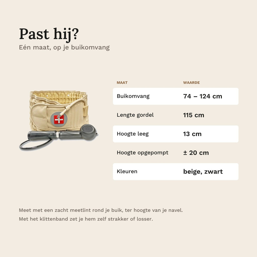 Maattabel: past bij een buikomvang van 74 tot 124 cm, gordel 115 cm lang, 13 cm hoog en opgepompt ongeveer 20 cm
