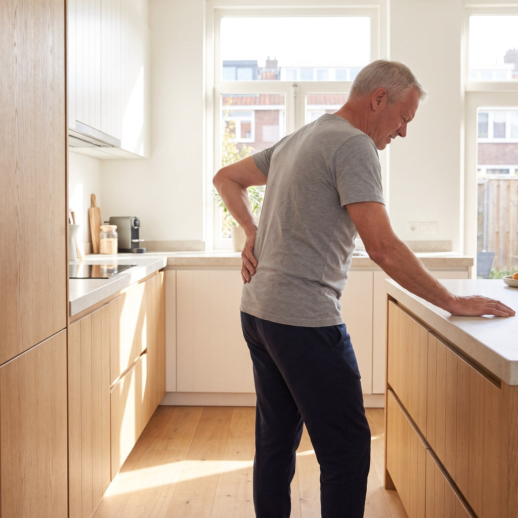 Man van rond de 60 staat in de keuken met zijn hand op zijn stijve onderrug