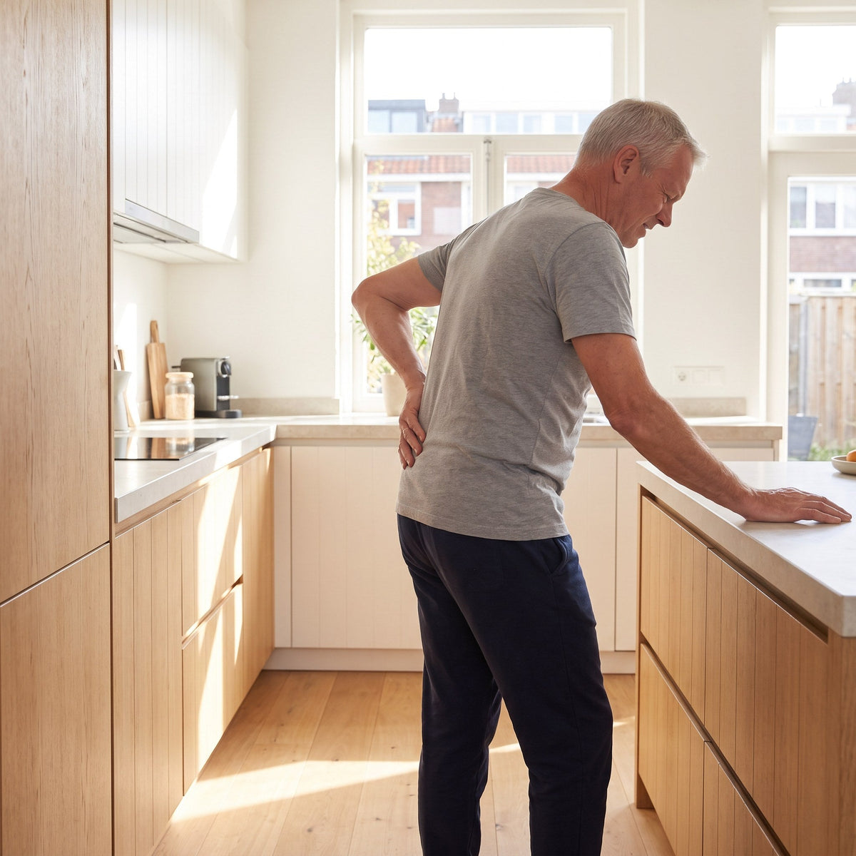 Man van rond de 60 staat in de keuken met zijn hand op zijn stijve onderrug
