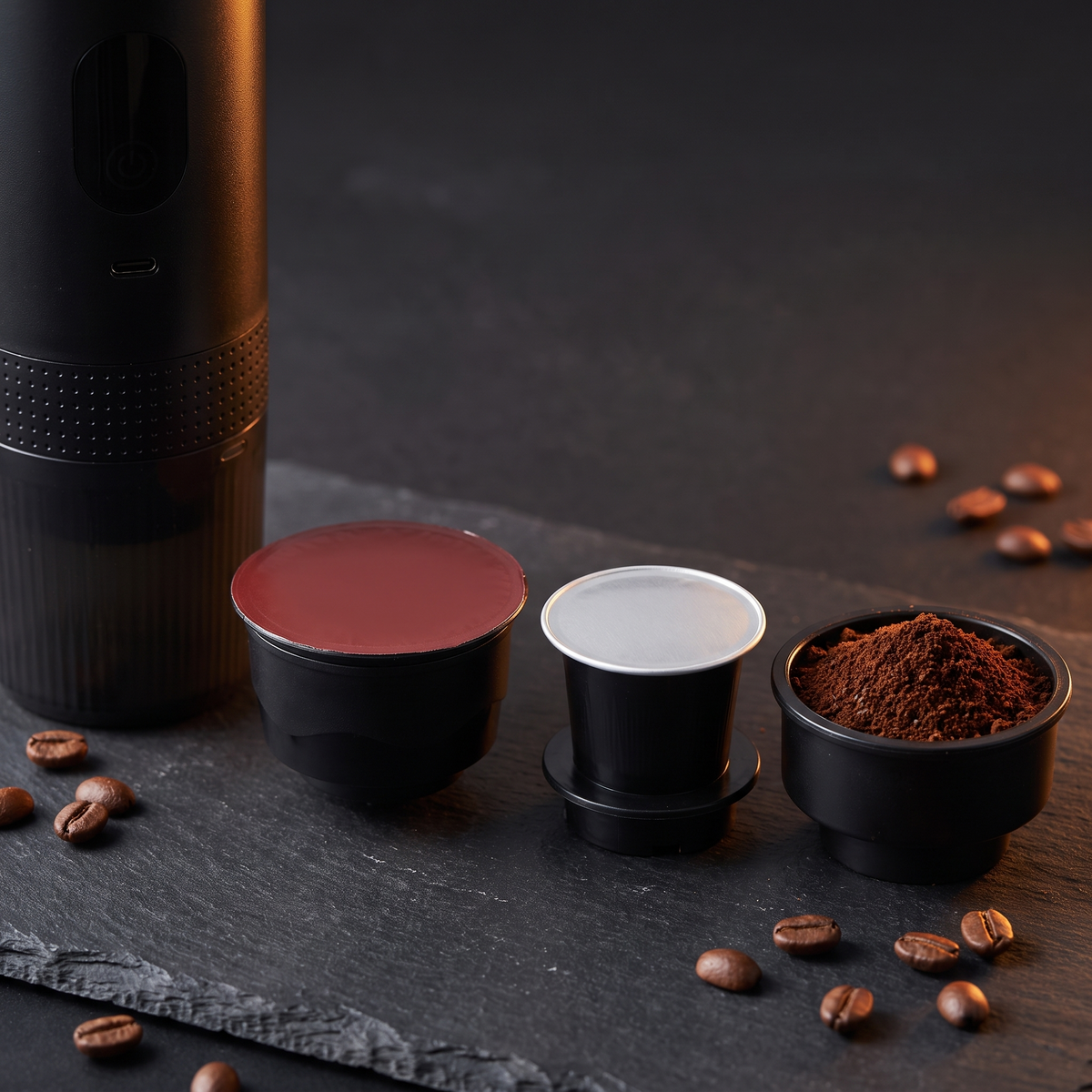 De drie adapters naast elkaar op leisteen: grote capsule, kleine capsule en een bakje met gemalen koffie