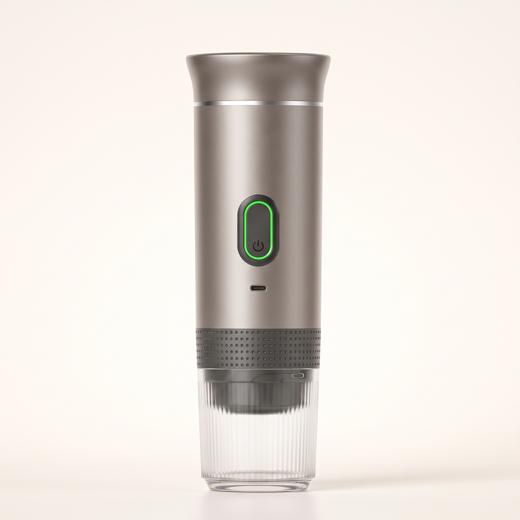 De espressomachine in metallic grijs op een crèmekleurige achtergrond