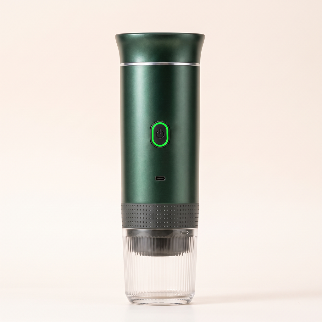 De espressomachine in metallic groen op een crèmekleurige achtergrond