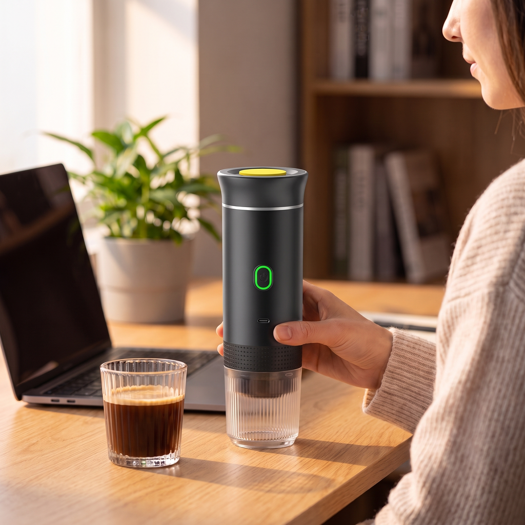 Vrouw aan een houten bureau naast een laptop zet de espressomachine neer bij een glaasje verse espresso