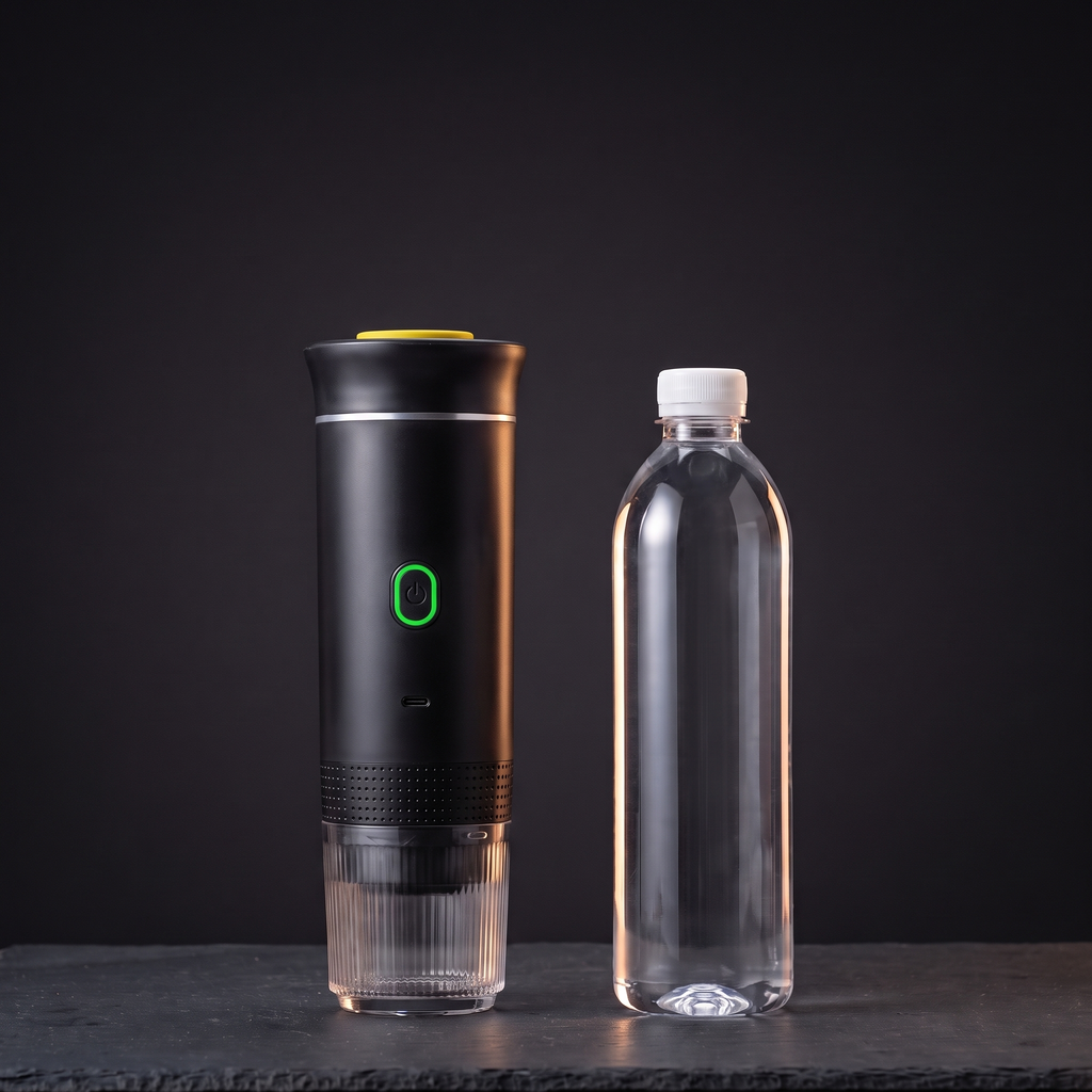 De espressomachine naast een flesje water van een halve liter, allebei even hoog, tegen een donkere achtergrond