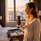 Vrouw in een hotelkamer bij zonsopkomst houdt de espressomachine in een hand, open koffer op het bed
