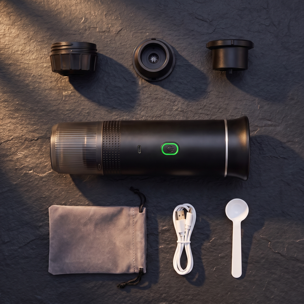 De complete set van bovenaf: machine, drie adapters, usb-c-kabel, koffielepel en grijs opbergzakje