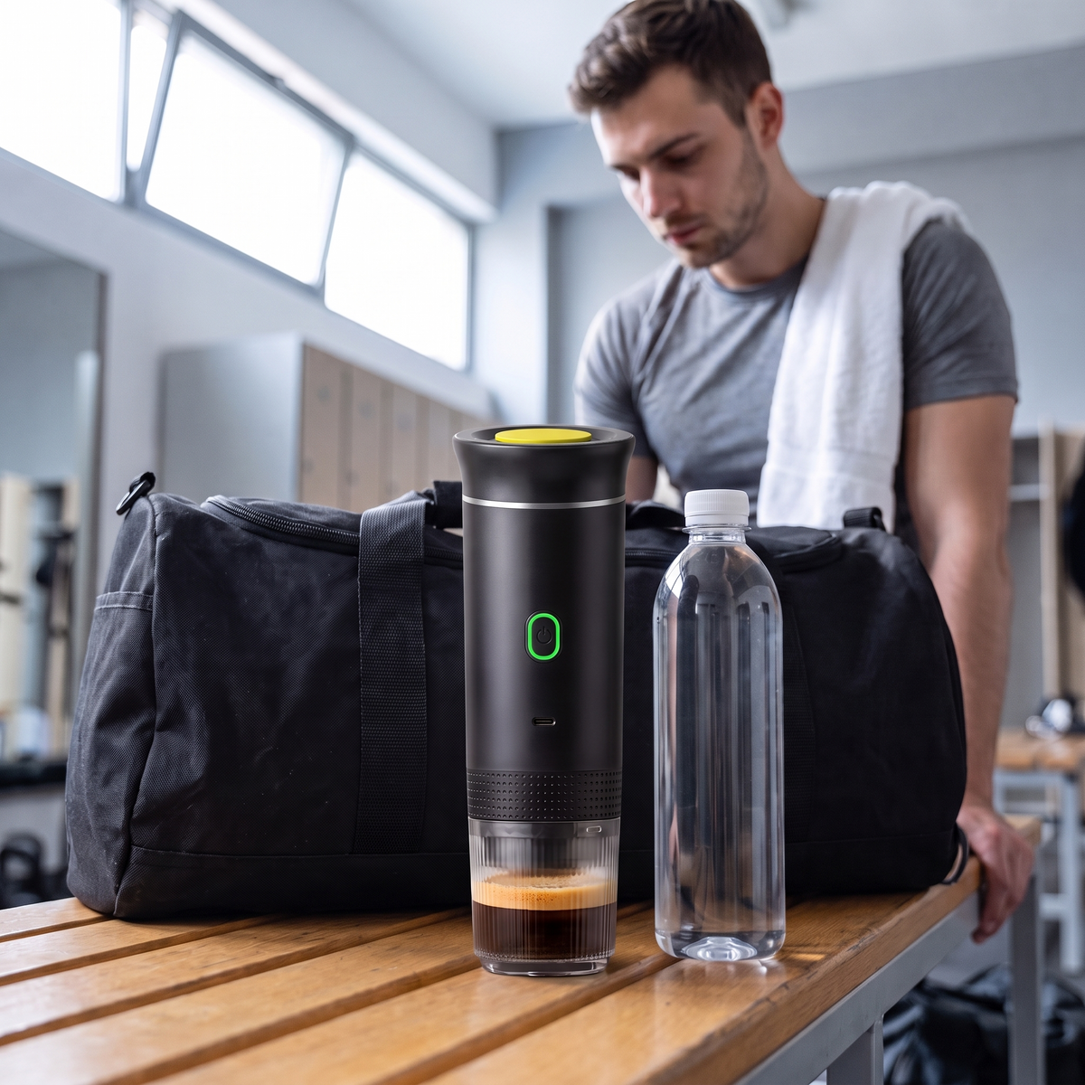 De espressomachine op een kleedkamerbankje naast een flesje water van een halve liter en een sporttas