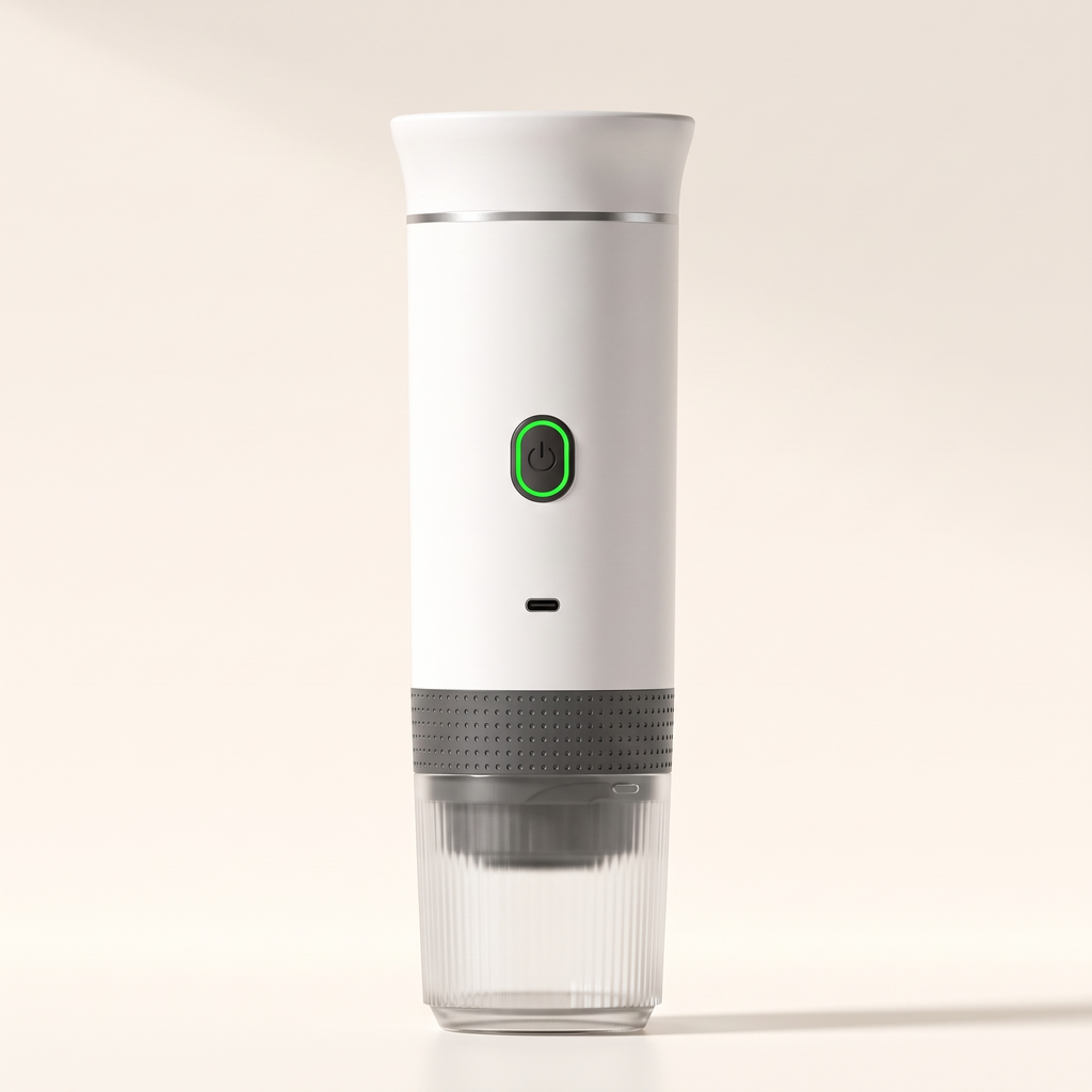 De espressomachine in mat wit op een crèmekleurige achtergrond
