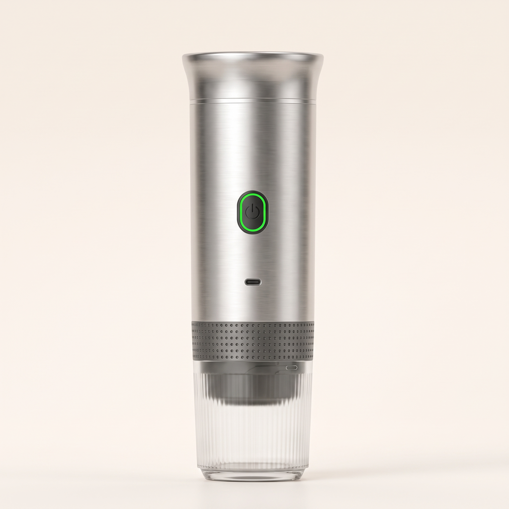 De espressomachine in metallic zilver op een crèmekleurige achtergrond