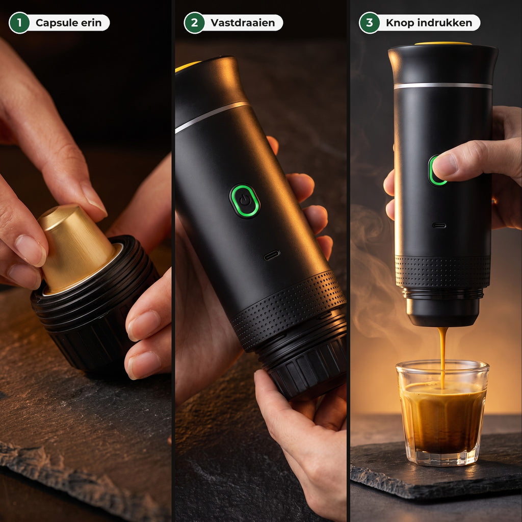 In drie stappen: capsule in het opzetstuk, opzetstuk onder de machine draaien, knop indrukken en de espresso loopt in het glas