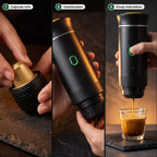 In drie stappen: capsule in het opzetstuk, opzetstuk onder de machine draaien, knop indrukken en de espresso loopt in het glas