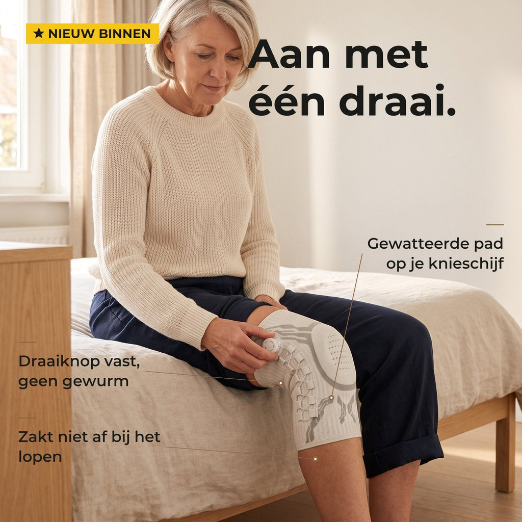Vrouw op de rand van haar bed draait de knop van de kniebrace vast: aan met één draai
