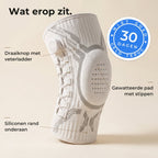 De kniebrace met de onderdelen benoemd: draaiknop met veterladder, gewatteerde pad met stippen, siliconen rand, en 30 dagen niet goed geld terug