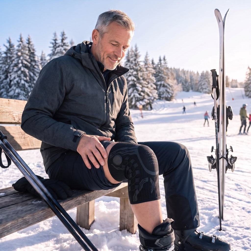 Man op een bankje aan de piste met de zwarte kniebrace om zijn knie, ski's naast hem in de sneeuw