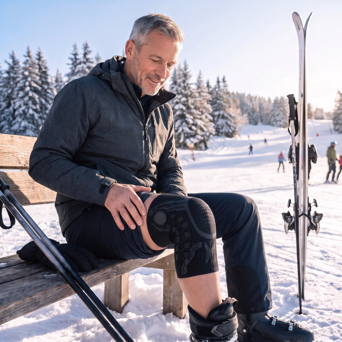 Man op een bankje aan de piste met de zwarte kniebrace om zijn knie, ski's naast hem in de sneeuw