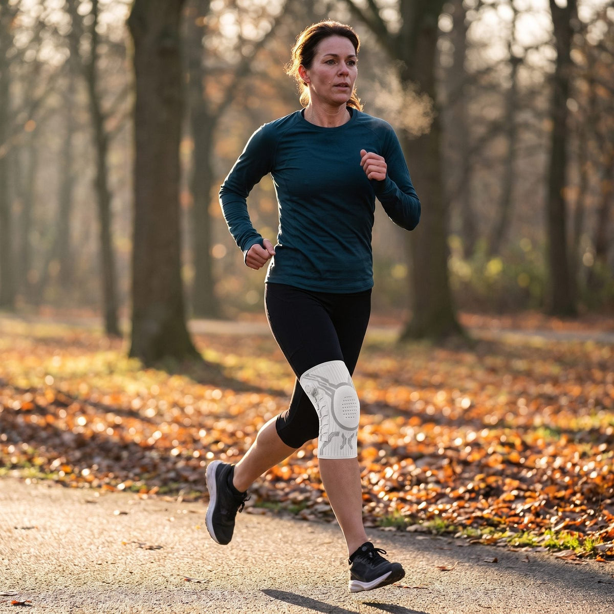 Hardloopster in het herfstbos met de kniebrace om haar knie