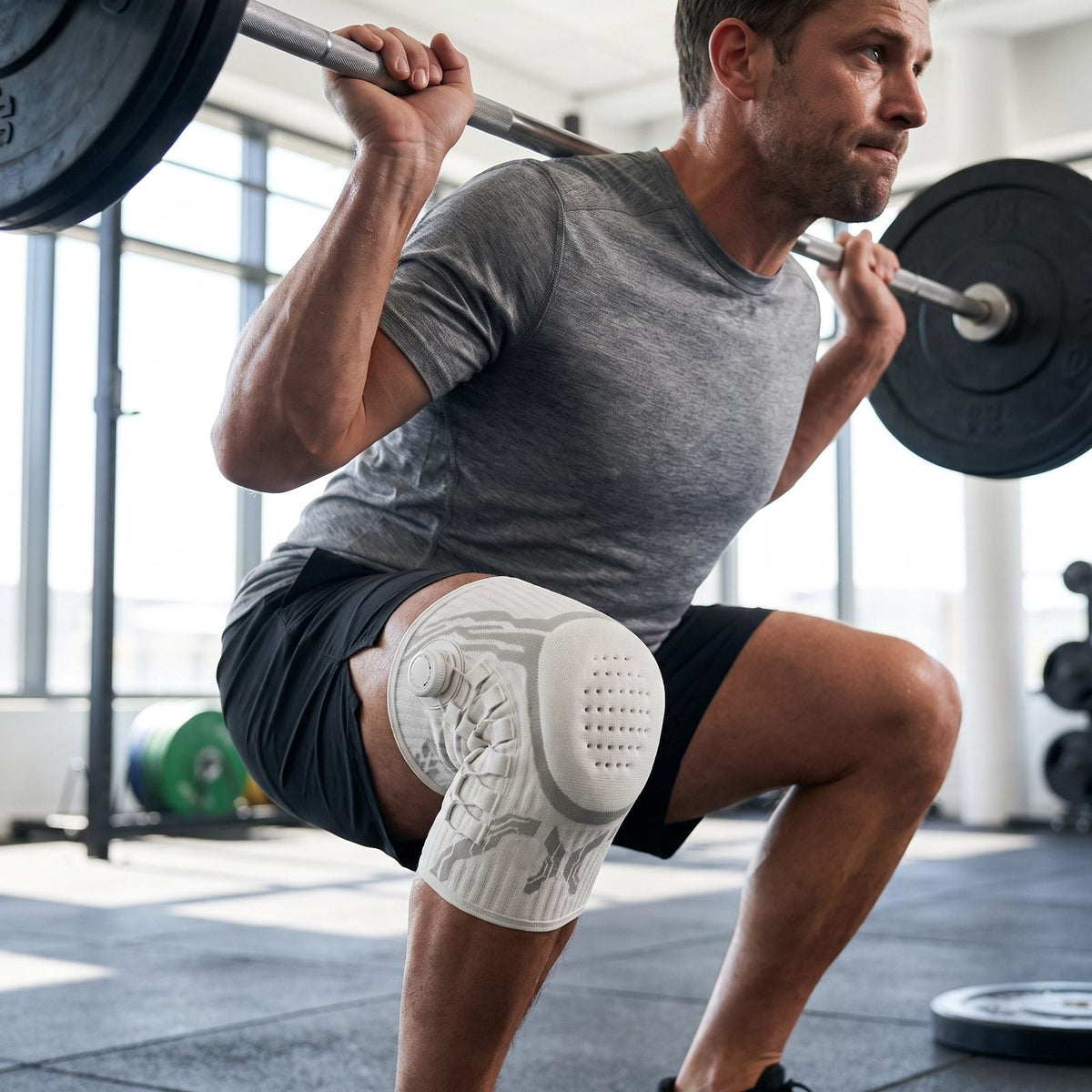 Man onderin een squat met barbell in de sportschool, kniebrace om zijn knie