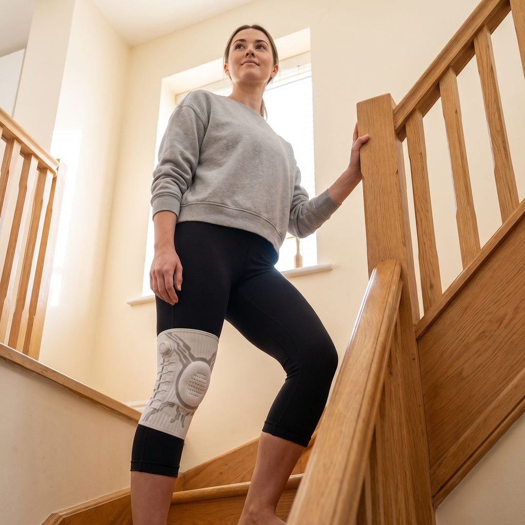 Vrouw loopt de trap op met de kniebrace om haar knie en haar hand aan de leuning