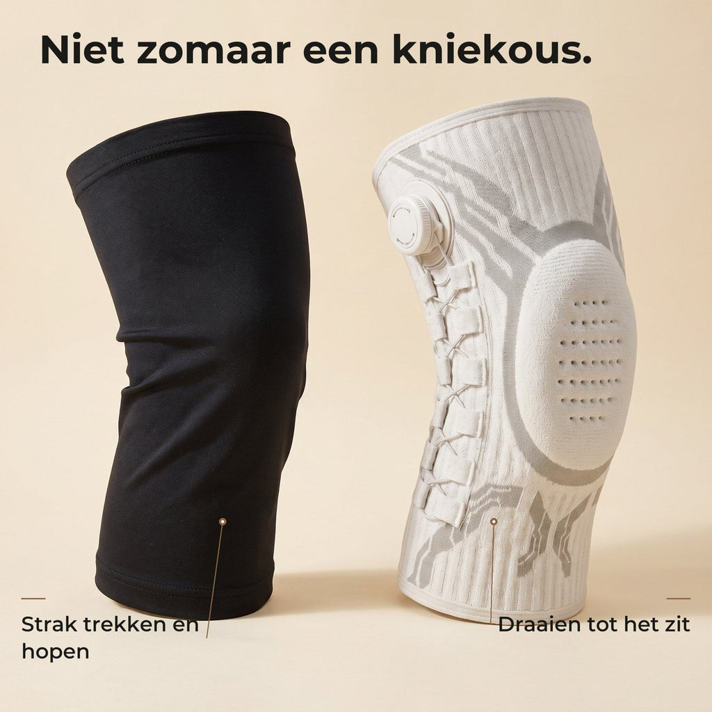 Gewone zwarte kniekous naast de kniebrace met draaiknop: strak trekken en hopen tegenover draaien tot het zit