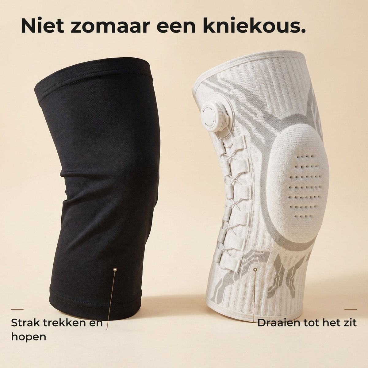 Gewone zwarte kniekous naast de kniebrace met draaiknop: strak trekken en hopen tegenover draaien tot het zit