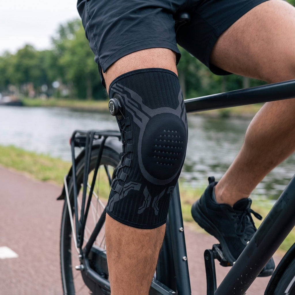 Fietser langs een gracht met de zwarte kniebrace om de trappende knie