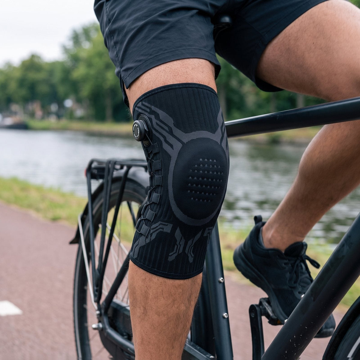 Fietser langs een gracht met de zwarte kniebrace om de trappende knie