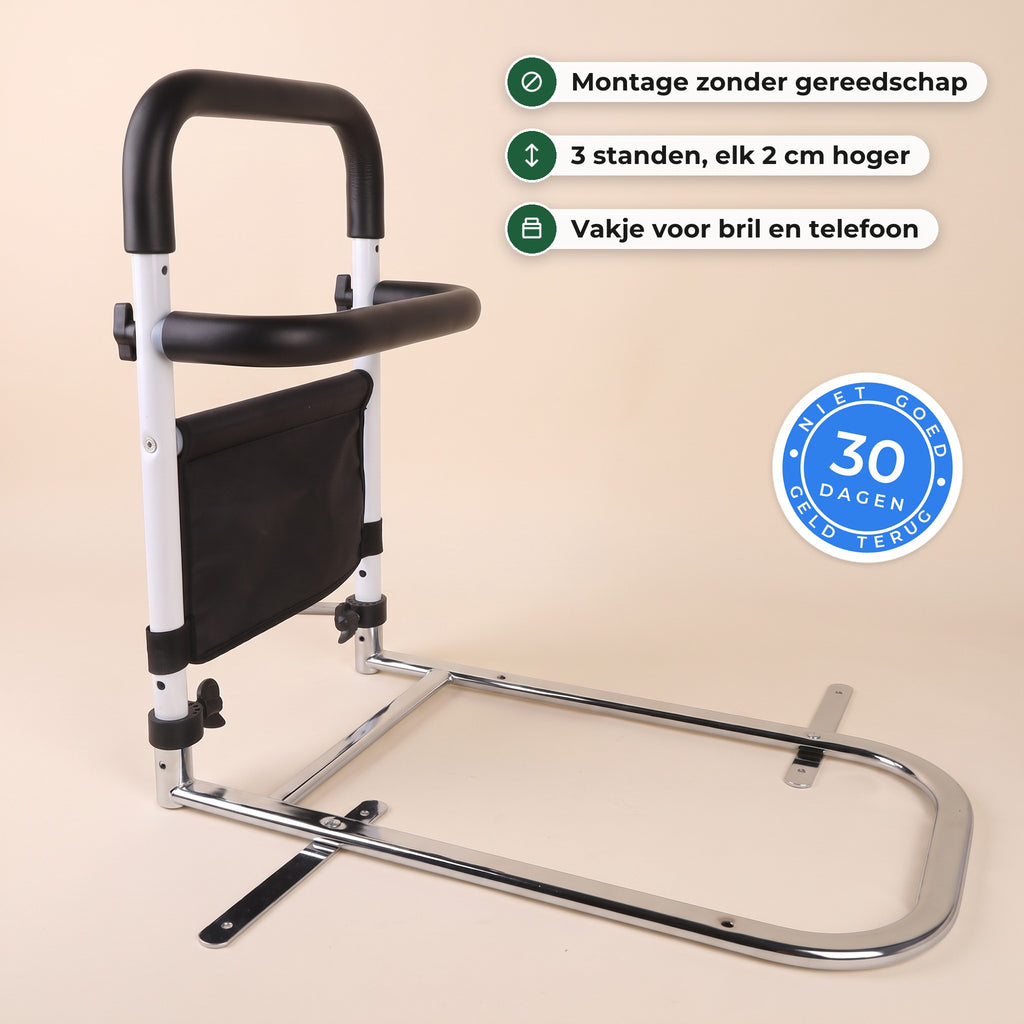 De bedbeugel los: witte staanders, zwarte schuimgrepen, opbergvakje en verchroomd frame met twee strippen