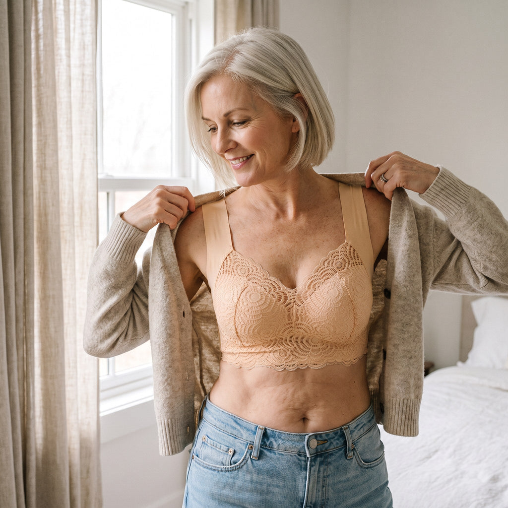 Vrouw met grijs haar trekt een vest aan over de beige kanten lift-bh