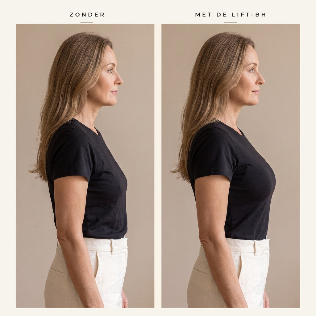 Dezelfde vrouw van opzij in een zwart T-shirt, links met een oude bh, rechts met de kanten lift-bh
