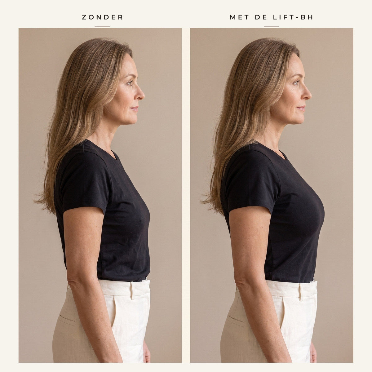 Dezelfde vrouw van opzij in een zwart T-shirt, links met een oude bh, rechts met de kanten lift-bh