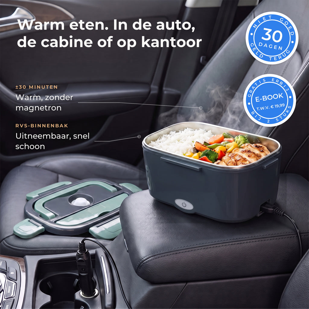 Verwarmde lunchbox in de auto, 30 dagen niet goed geld terug, gratis e-book bij 2 stuks