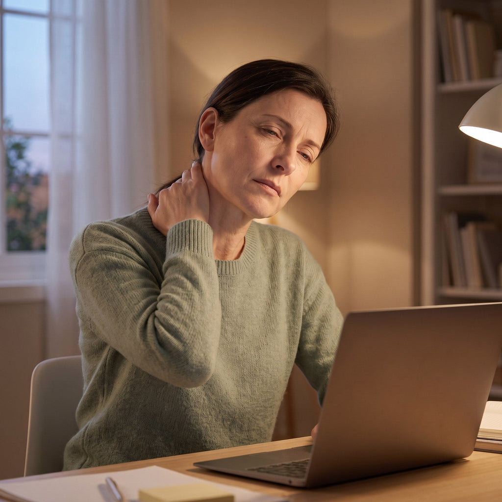Vrouw achter haar laptop aan het eind van de dag houdt haar hand in haar stijve nek