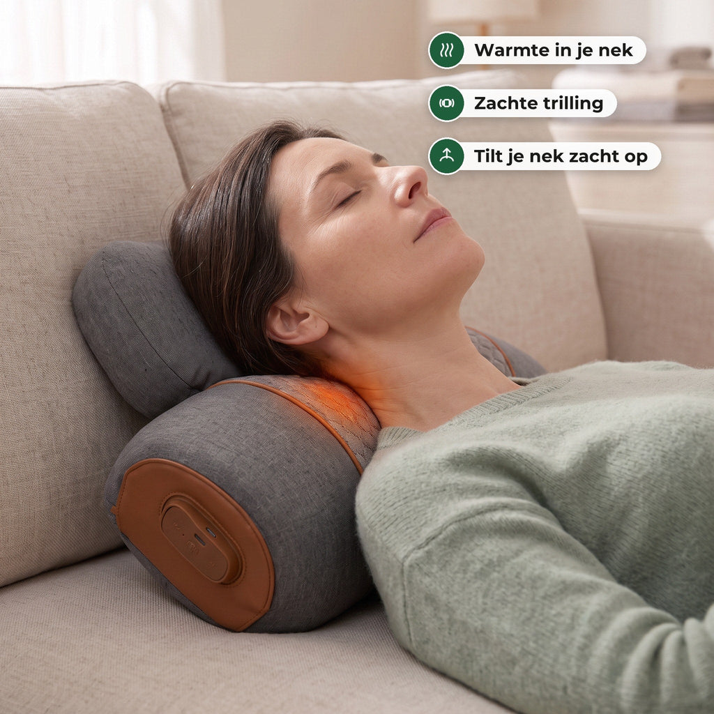 Zijaanzicht van de nek op de warme rol, met labels voor warmte, trilling en de zachte lift