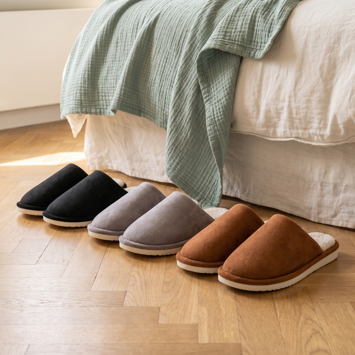 De drie kleuren van de Norvela instappantoffel naast elkaar: zwart, grijs en beige