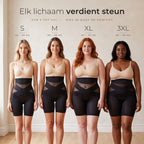 Vier vrouwen met een verschillend postuur in de zwarte postpartum shaping short, met maat S, M, XL en 3XL erboven