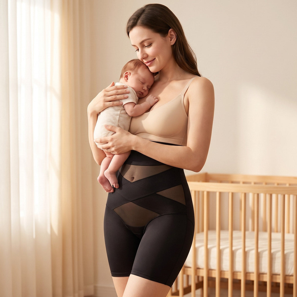 Moeder met haar slapende baby in de armen, in de zwarte shaping short in de babykamer