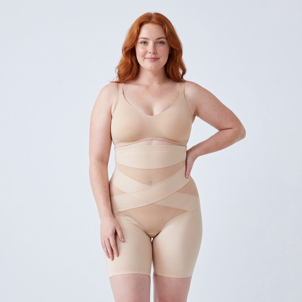 Studiofoto van een vrouw met rood haar in de beige shaping short